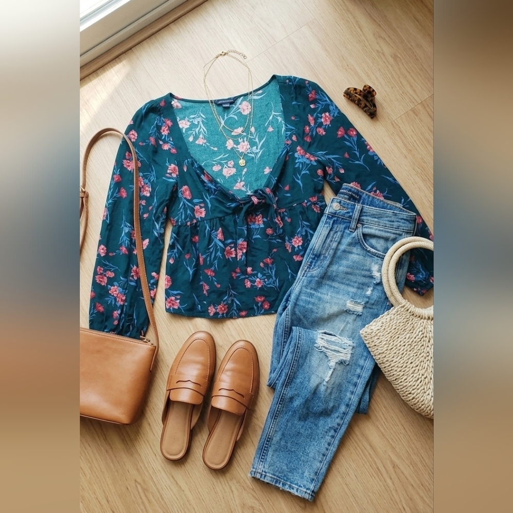 American Eagle Teal Floral Tie-Front Top